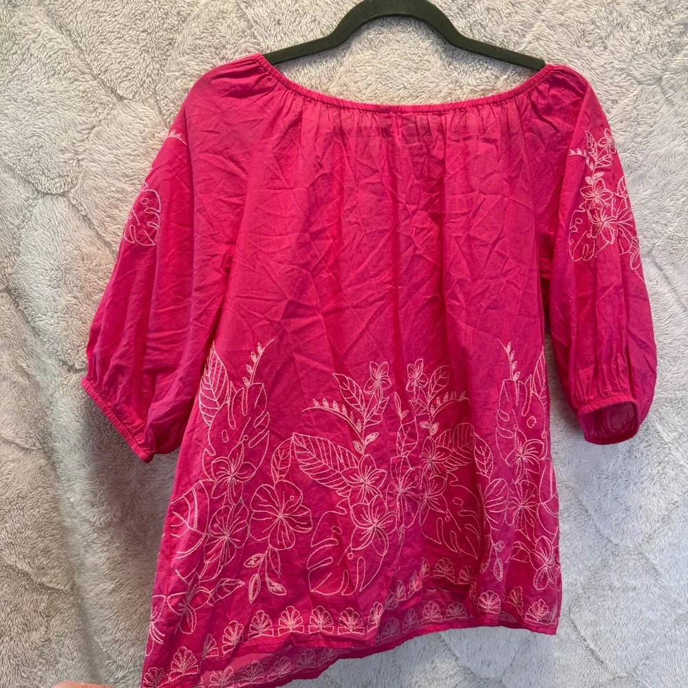 Hot Pink Embroidered Peasant Top Monstera Floral Tassel Puff Sleeve Blouse M - Picture 3 of 10